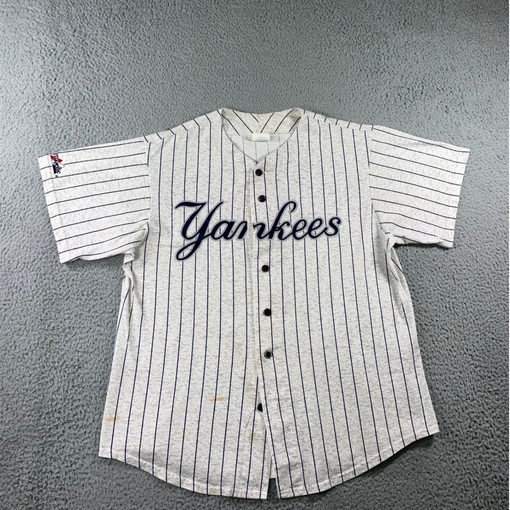 VTG 90s New York Yankees Baseball Jersey XL Pinstripe USA Made Script Spellout